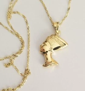 14K Solid Gold Cleopatra Egyptian Queen Nefertiti Pendant Necklace With Chain - Picture 1 of 5