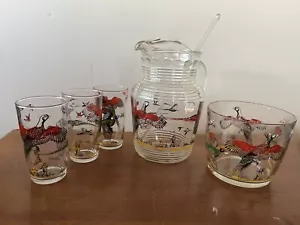 Vintage MCM 1950’s Hazel Atlas Glass “Pheasant” Ice Bucket, Pitcher & 3 Tumblers - Picture 1 of 6