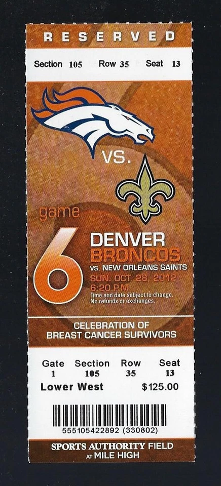 Boleto completo de fútbol americano de la NFL Drew Brees Touchdown #300 - Saints @ Broncos 2012   Foto 1 de 1