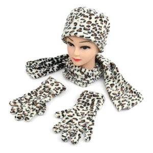 Womens Winter FLEECE LEOPARD PRINT Hat Scarf Gloves SET - Picture 1 of 4