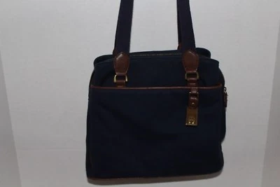 Bolsa satchel Etienne Aigner alça dupla - Azul marinho com acabamento bronzeado; algodão/lona - Imagem 1 de 4