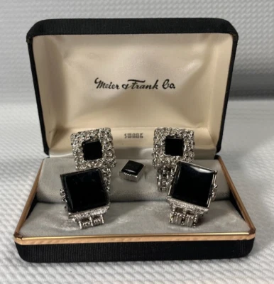 Juego de pasadores de corbata de gemelos SWANK de colección acrílico ónix malla envoltura tono plateado Foto 1 de 4