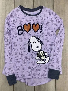 Peanuts Girls Purple Thermal Snoopy Halloween Shirt Boo Dog Skeleton Top L 10-12 - Picture 1 of 4