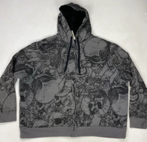 VINTAGE Faded Glory Skull Hoodie Men XL Gray Y2K All Over Print AOP Lined Jesse - Picture 1 of 11
