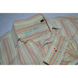 Camisa de vestir Bugatchi Uomo 18844 amarilla a rayas con botones para hombre talla grande - Imagen 1 de 7