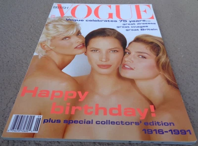BRITISH VOGUE JUNE 1991 COLLECTORS ANNIV ISSUE CINDY LINDA CHRISTY COVER EXC UK - Image 1 of 4