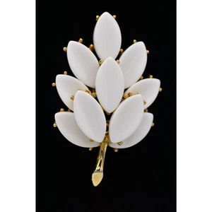 Vintage Leaf Pin Brooch Brushed Gold White Beaded Fall Autumn 1980s 9B - Picture 1 of 10