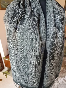 SCIARPA JAMAVAR GRIGIA PAISLEY REVERSIBILE 100% CASHMERE PASHMINA JACQUARD TESSUTA A MANO - Foto 1 di 4