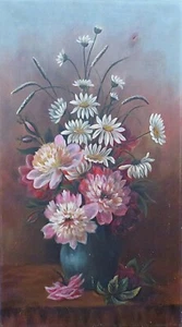19th c. Antique Victorian Still Life Oil on Canvas Painting Flowers Floral - Picture 1 of 4