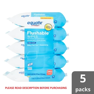 Equate Flushable Wipes, Fresh Scent, 5 packs of 48 wipes, 240 Total Wipes - Picture 1 of 11