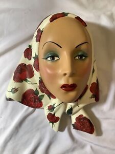 Art  Deco wall mask lady in flowered headscarf plaster reproduction 