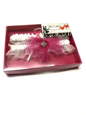 Hot Pink and White Double Garter Set of 2 Satin Bow Bridal Wedding  - Image 1 of 3
