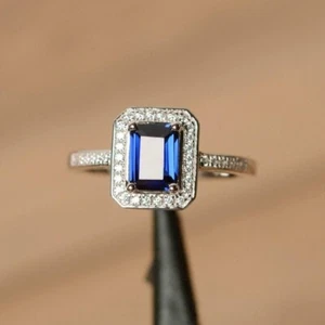 1.31 Ct Emerald Cut Sapphire Lab-Created Wedding Halo Ring 925 Sterling Silver - Picture 1 of 7
