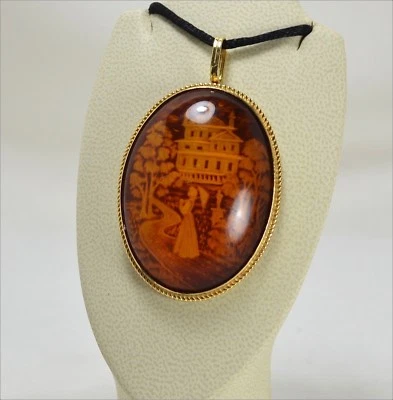 Colgante de Oro Amarillo 18KT Con Ámbar Grabado Paisaje Ovalados Ogdv 017 - Imagen 1 de 3