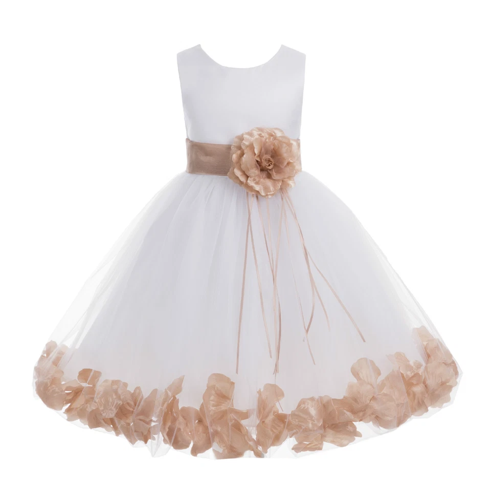Wedding Pageant Floral Rose Petals White Flower Girl Dress Tulle Princess #007 - Image 1 of 1