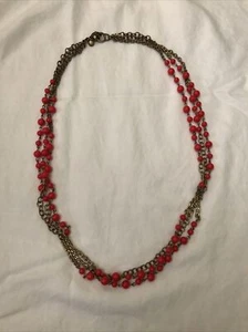 J Crew Coral Red Beaded Gold Layered Chained Necklace - Picture 1 of 4