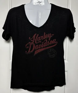 Harley Davidson Motorcycles Sheer V Neck Short Sleeve Top Shirt- Women's Large - Picture 1 of 4