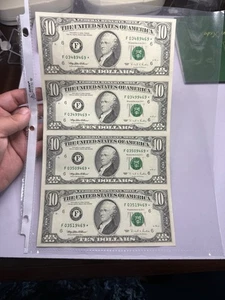 1995 $10 4 piece uncut "STAR NOTE" F series Sequential - Picture 1 of 2