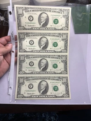 1995 $10 4 piece uncut "STAR NOTE" F series Sequential - Image 1 of 2