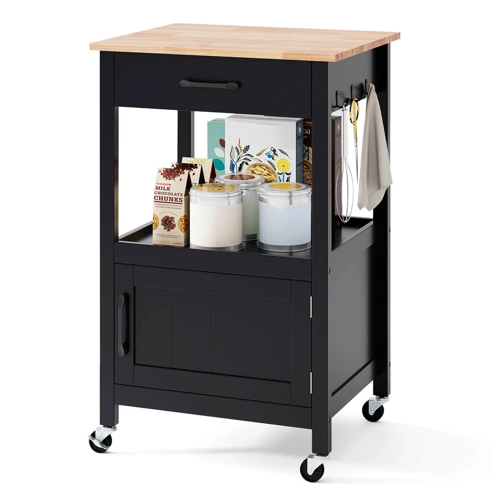 Rolling Kitchen Island Cart with Drawer and Side Hooks-Black - Color Black