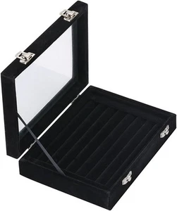 7 Slots Velvet Glass Ring Jewelery Display Storage Box Tray Case Holder Black - Picture 1 of 7