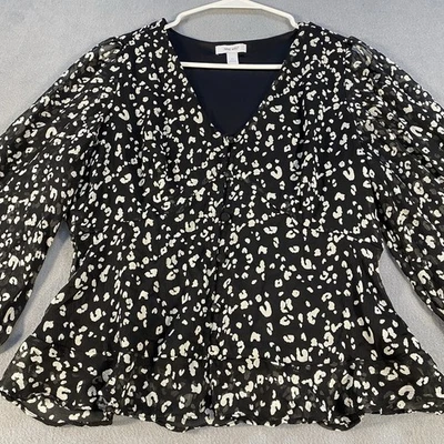 Nine West Women's Long Sleeves Black & White Leopard Print Blouse, Lined, Size M - Image 1 of 4