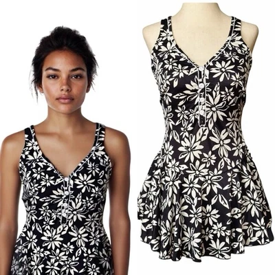 Maxine of Hollywood Vtg One Piece Swimsuit Skirt 20W Tropical Black White Floral - Image 1 of 4