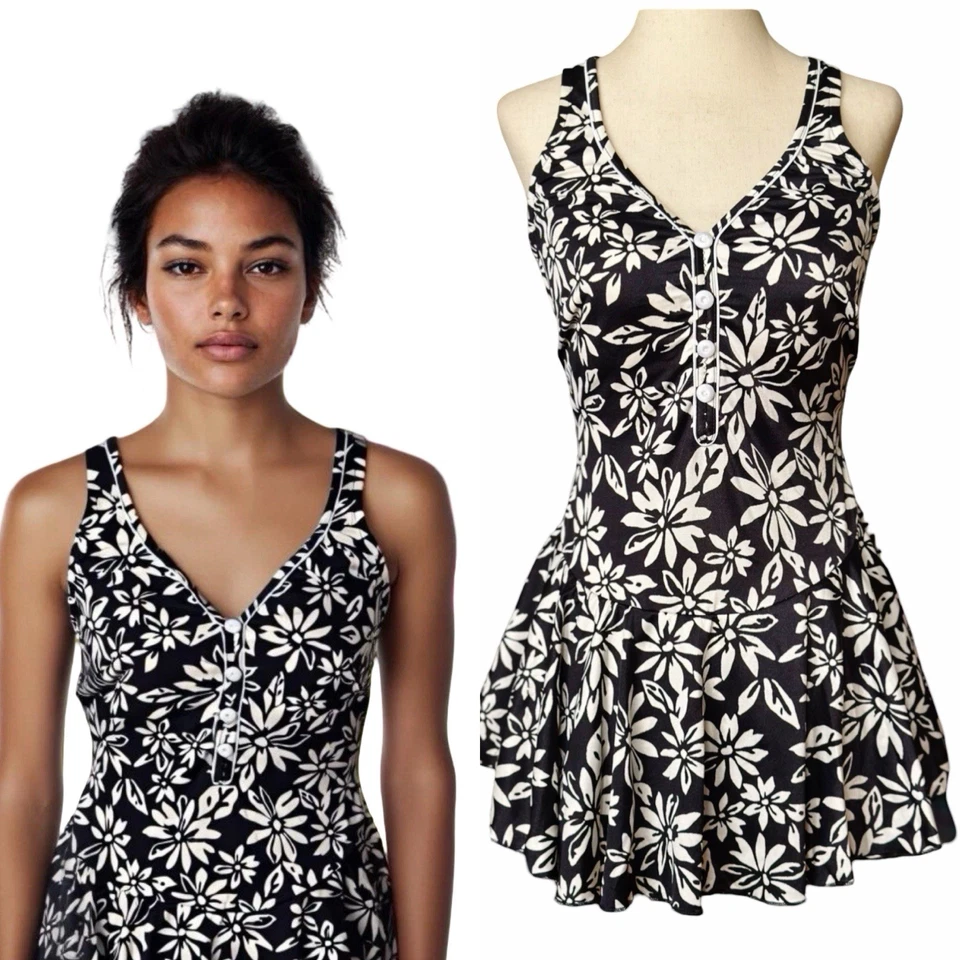 Maxine of Hollywood Vtg One Piece Swimsuit Skirt 20W Tropical Black White Floral - Image 1 of 4