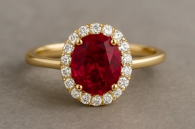 Lab Ruby Halo Designer Ring Gold Plated 925 Sterling Silver 11X9 mm 5 Carat - Image 1 of 4