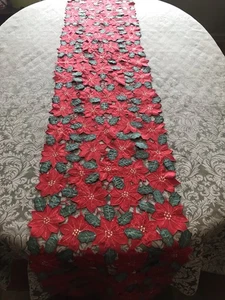Lovely 89” X 16” Poinsettia Christmas Table Runner - Picture 1 of 4