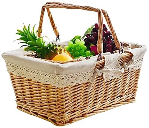 Wicker Picnic Basket With Liner And Handle 15.5 X 12 X 6.5 Inches Large Willow C Cover
