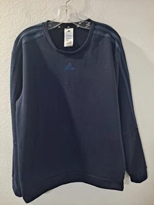 Adidas Men Blue Long Sleeve Pullover 3 Stripe Fleece Athletic Sweatshirt Large - Picture 1 of 9