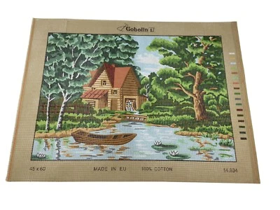 Gobelin Needlepoint Tapestry Canvas Cabin On The Lake 19in By 14in Rome 10 Count - Image 1 of 4
