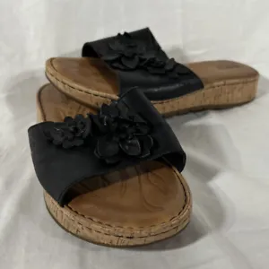 Børn Sandals Women Size 8M Floral Slides Slip On Black Leather Shoes - Picture 1 of 6