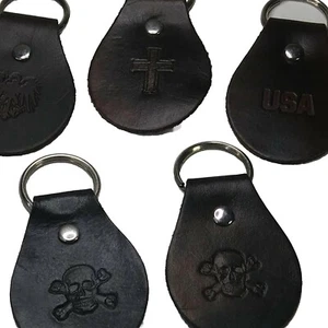 Hand Made Leather 5 Keychain Lot , USA, Cross, Eagle & 2 Skull Crossbones - Picture 1 of 10
