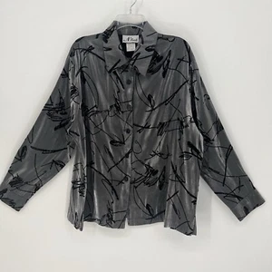 N Touch Womens XL Top Silver & Black Felted Glitter Abstract Design Button Up - Picture 1 of 11