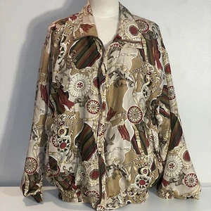 Vtg Fuda International Silk Taupe Maroon Tassel Medallion Zip Bomber Jacket XL - Picture 1 of 11