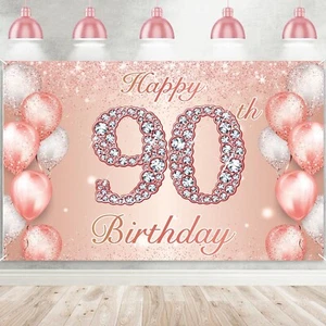 Happy 90th Birthday Rose Gold Banner Cheers to 90 Years Old Backdrop Confetti... - Picture 1 of 7