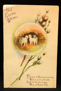 BEST EASTER WISHES LAMBS AND PUSSY WILLOWS SCENE POSTMARKED 1913 - Picture 1 of 2