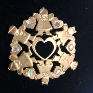 Vintage signierte Newpro Brosche "Holding Our Hearts" goldfarben Strass - Bild 1 von 7