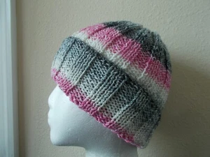 Hand knitted elegant and warn sparkly beanie/hat, pink/white/grays - Picture 1 of 6