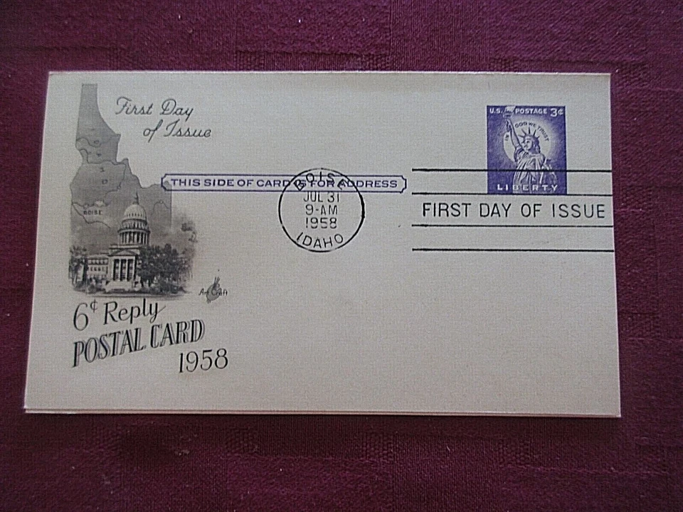 UY17- 2 piece 1958 Blank 6c REPLY CARD* FDC  7/31/58* Boise ID* - Image 1 of 4