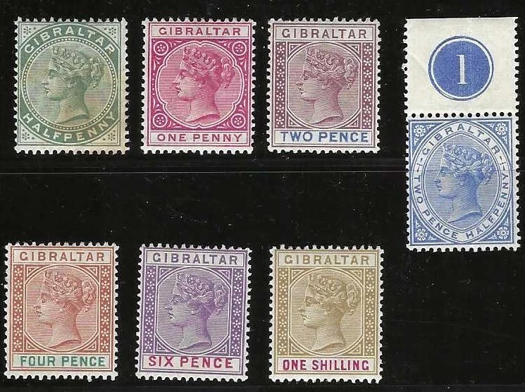 Gibraltar, 1898, Scott #9, 11, 13, 14, 17, 19, 21, Mint, Never Hinged - Image 1 of 2