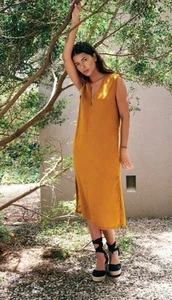 ZARA Tunic Dress Linen 100% Loose Fit Midi Mustard Ochre Summer SZ LARGE - Picture 1 of 10