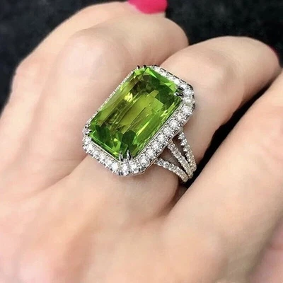 Pretty 4Ct Emerald Cut Green Peridot Halo Engagement Ring 14K White Gold Finish - Image 1 of 3