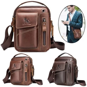 Mens Messenger Shoulder Bag Genuine Leather Travel Briefcase Crossbody Handbag - Picture 1 of 17
