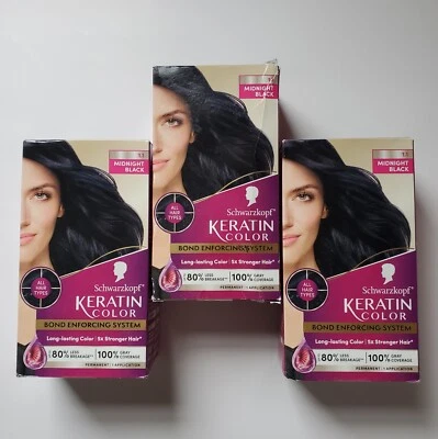 Lote 3 Schwarzkopf Keratin Color 1.1 Negro Medianoche Permanente Gris Cubierta de Cabello ** Foto 1 de 4