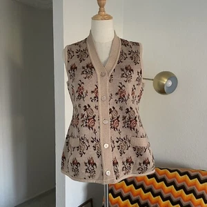 Vintage 1970s Floral Boho Hippie Western Knit Vest Tan XL Unisex - Picture 1 of 10