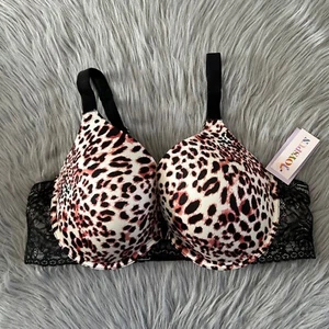 Joyspun Plunge Bra Womens Size 44D Leopard Padded Push Up Underwire Back Closure - Picture 1 of 7