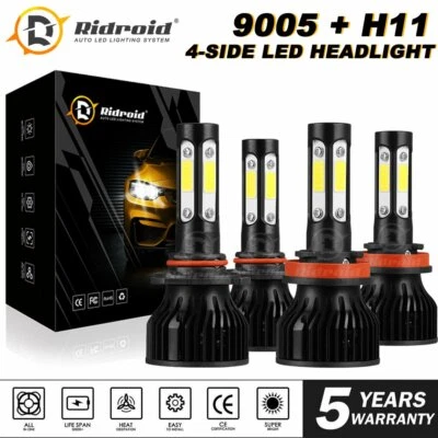RIDROID 9005 + H11 6000K 36000LM Combo 4-Side COB LED Headlight Kits High Low Lamp Bulb
